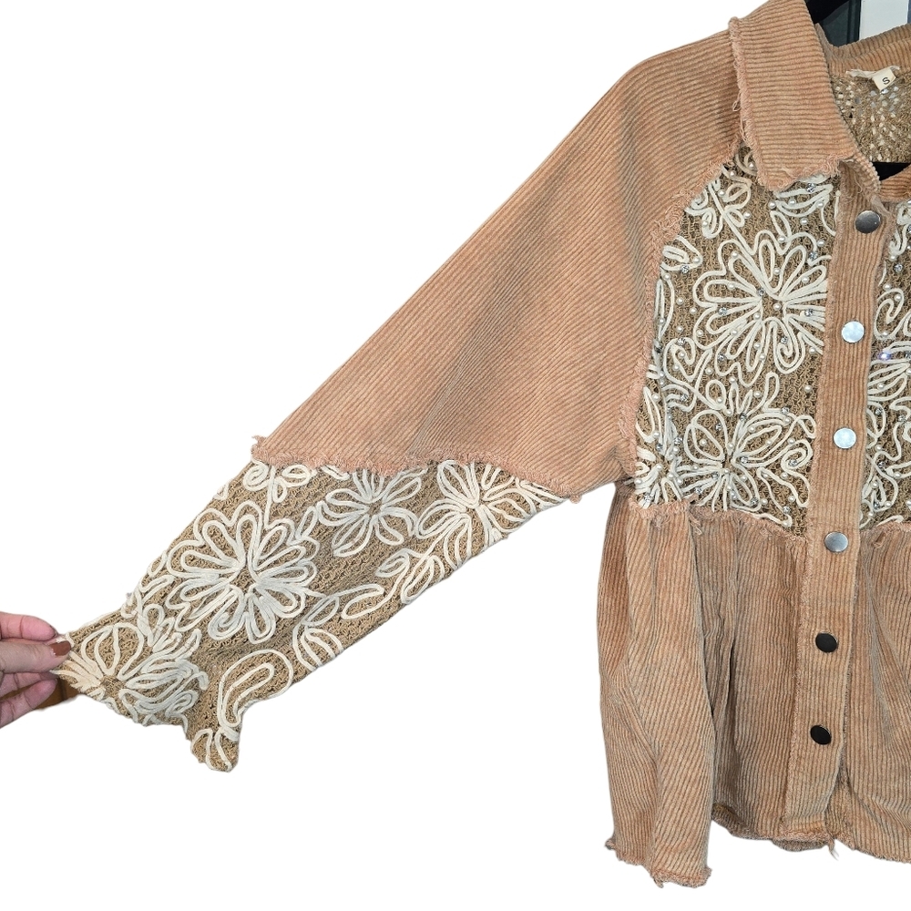POL Tan Corduroy Button-Down Shirt with Cream Lace Detail - Picture 5 of 16